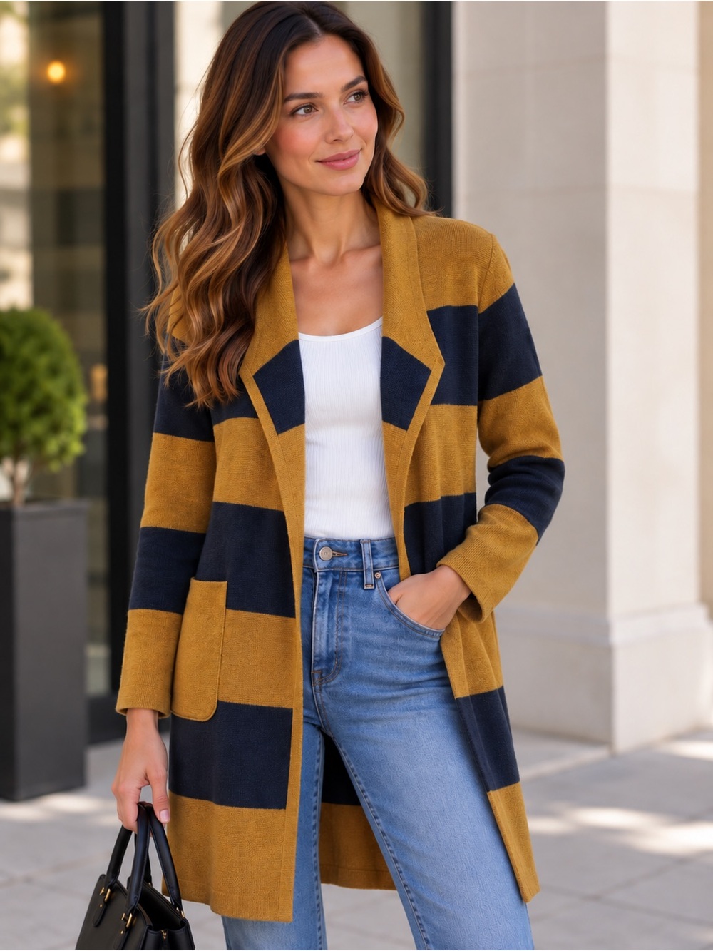 J. Crew Mustard and Navy Striped Open-Front Cardigan